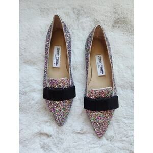 NWOB Jimmy Choo Gala Glitter Flat Bow Size EU 35 Pink Silver